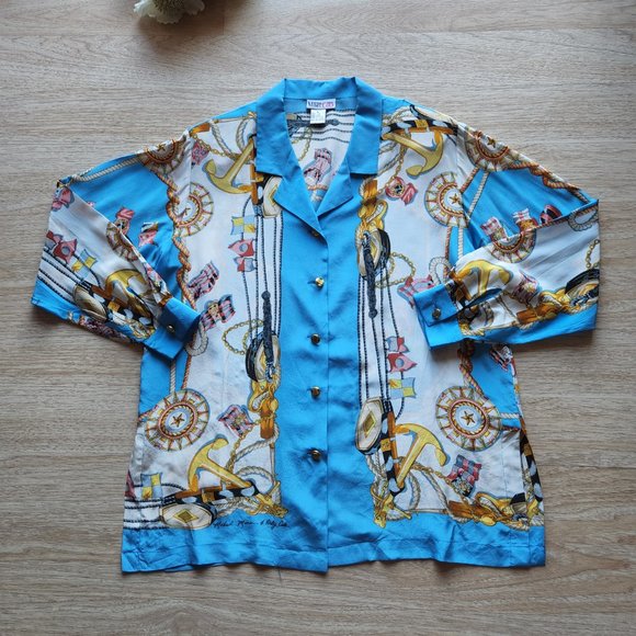 Vintage Michael Mims Kathy Cole Anchor Rope Silk Satin Top Long Sleeve Button - Picture 5 of 10